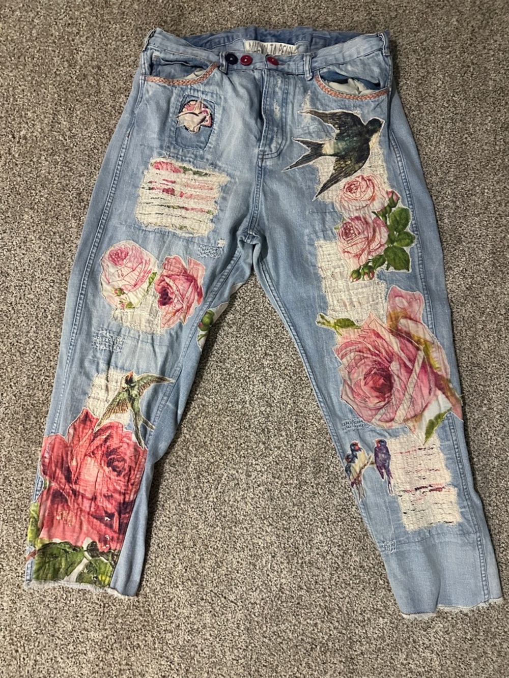 Magnolia Pearl Light Wash Jeans with Pink Rose & Blue Bird Motifs